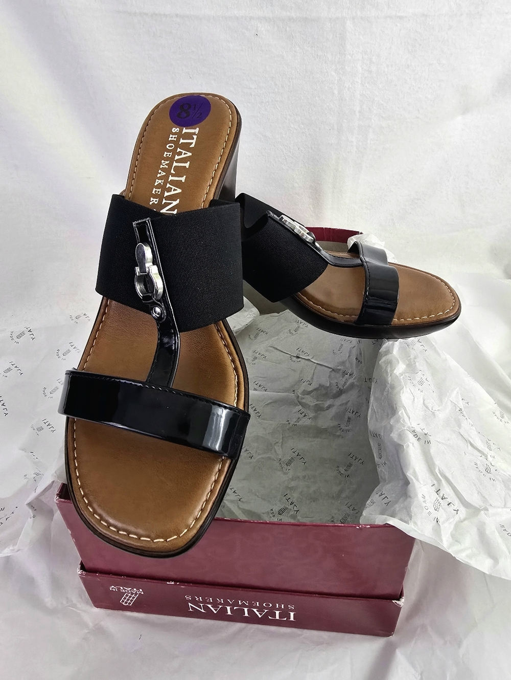 Italian Shoemakers Sz 8.5 Black Patent Kitten Heels Comfy Elastic Sandals NIB